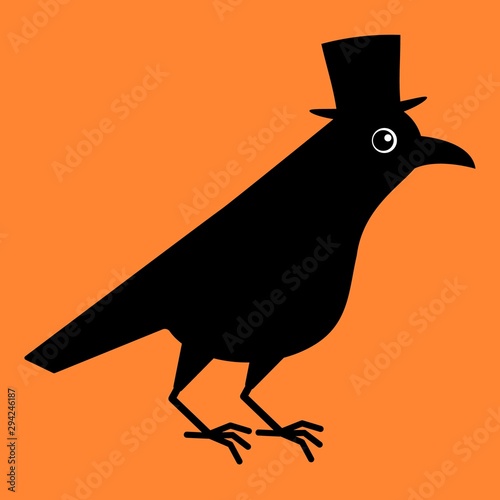 Gentleman crow, blackbird with top hat. Cute raven illustration on orange blackground.