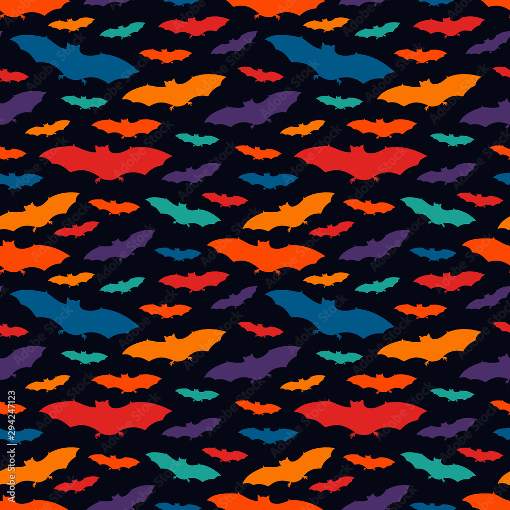 Seamless pattern with bats. Halloween holiday background. Vampire silhouettes print. Trick or treat kids wallpaper