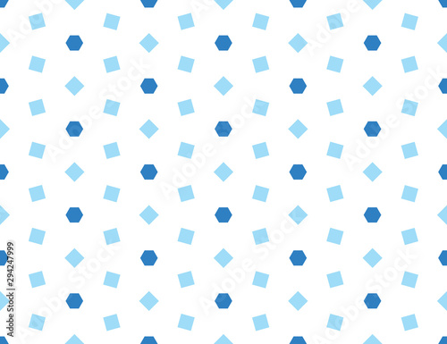 Vector seamless geometric pattern. Shaped blue hexagons, squares on white background.