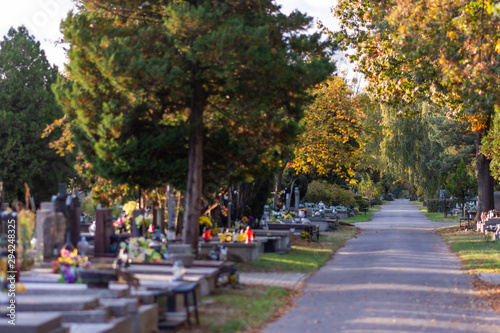 Autumn alley at the cemetery before the All Saints Day