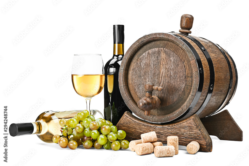 Obraz premium Barrel, bottles and glass of tasty wine on white background