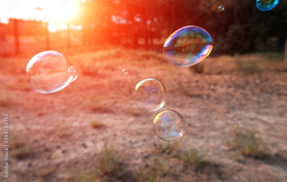 soap bubbles into the sunset with beautiful bokeh.close-up