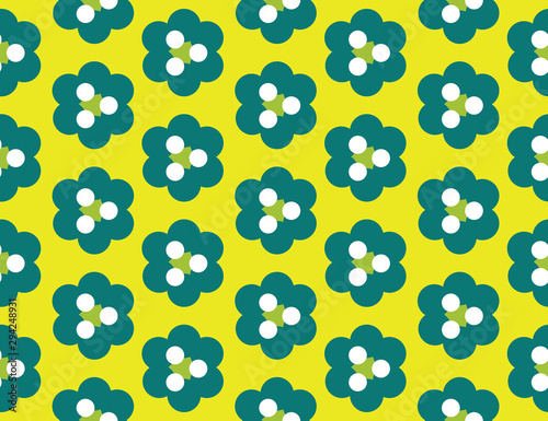 Vector seamless geometric pattern. Shaped green and white circles, triangles, flowers, yellow background.