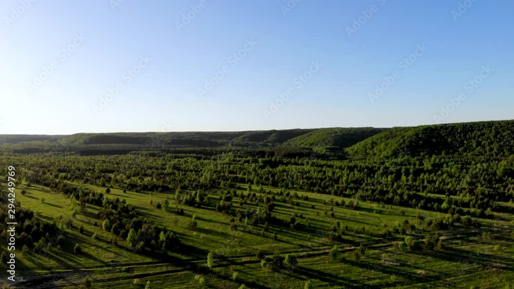 Aerial flying over a spacious field and growing young trees. Ridge of hills covered with mixed forest on horizon. Taken by drone at sunset Aerial flying over a spacious field and growing young trees. Ridge of hills covered with mixed forest on horizon. Taken by drone at sunset