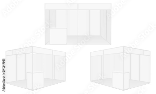 Set of exhibition stalls mockups isolated on white background. Vector illustration