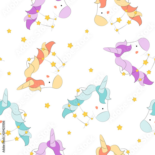 Seamless pattern with unicorns and stars. Art for children illustration, holiday packing.