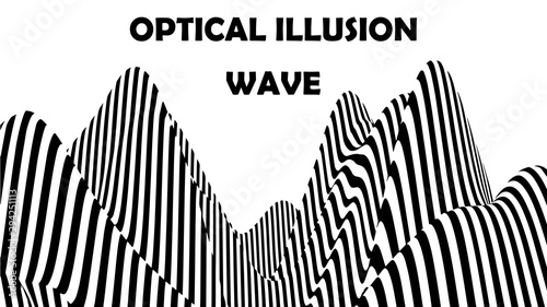 Optical illusion wave. Abstract 3d black and white illusions. Horizontal lines stripes pattern or background with wavy distortion effect. Vector illustration.