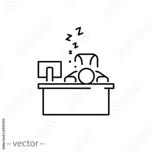 man sleeping at the table icon, zzzz doodle, sleepy person, no time sleep, thin line symbol on white background - editable stroke vector illustration eps 10