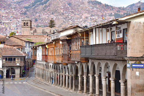 Cusco, Peru - Sept 26, 2019: Balconies and architecture of Cusco's Plaza de Armas