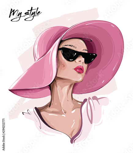 Hand drawn beautiful young woman in sunglasses. Stylish girl in hat. Fashion woman look. Sketch. Vector illustration.