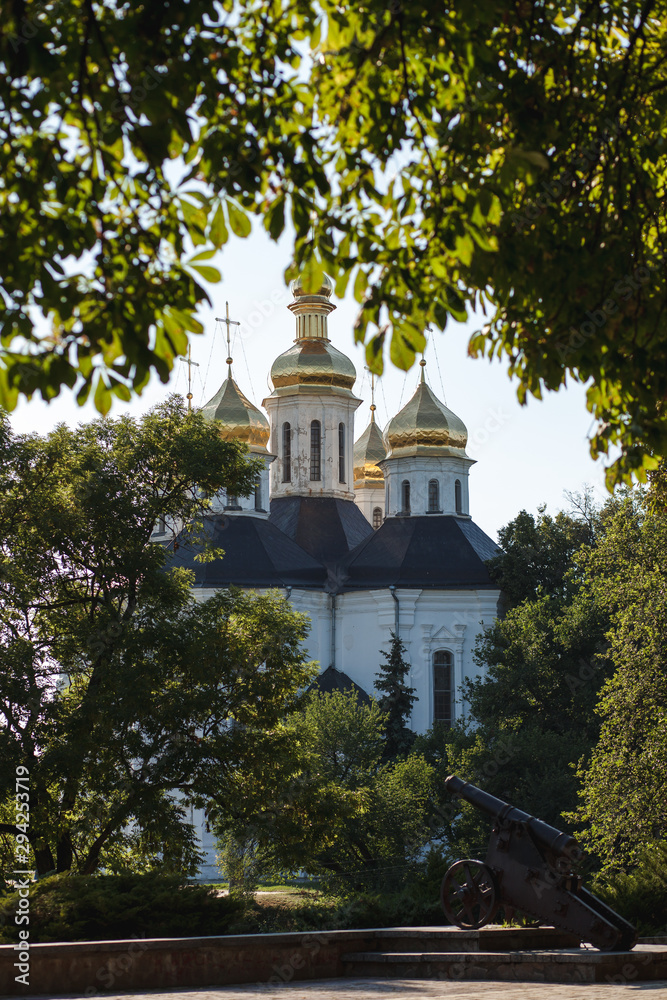 View of the Church of St. Catherine from the historical part of the city, the Orthodox Church in Chernigov, Ukraine.