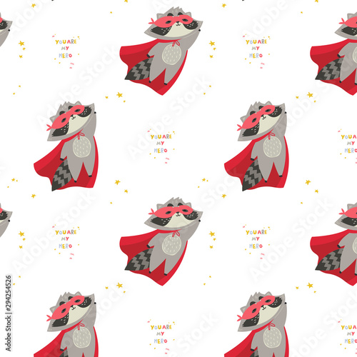 Cute raccoon in superhero costume in different poses.You are my hero text. Animal with extraordinary flying abilities wear mask of a hero and red cloak.Flat vector illustration.Pattern