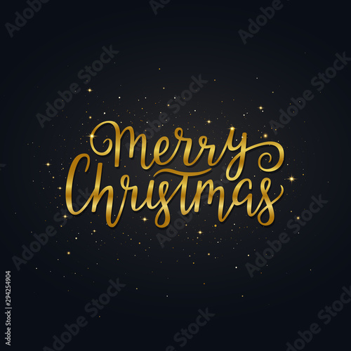 Merry Christmas gold hand drawn lettering. Bright golden xmas text with glitter sparkles and stars. Christmas calligraphy. Winter holiday greeting quote. Vector illustration