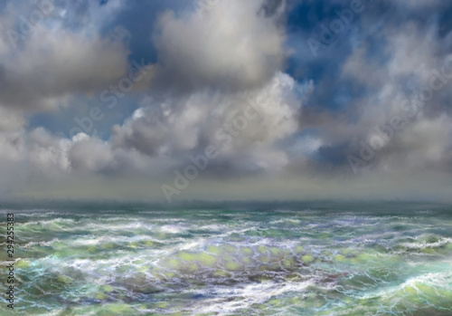 Sea and blue sky.  Digital oil paintings sea landscape. Fine art  artwork