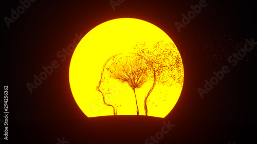 Silhouette of growing tree in a shape of human brain inside a head. Eco Concept. 3D rendering. © Evgen