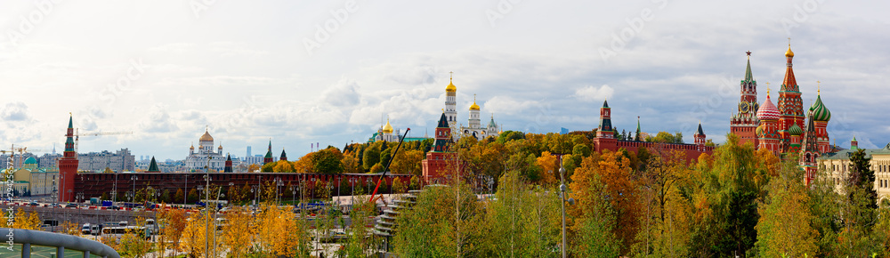 Panoramic view of the Kremlin and the city on a sunny autumn day. Travel and tourism theme or decoration.