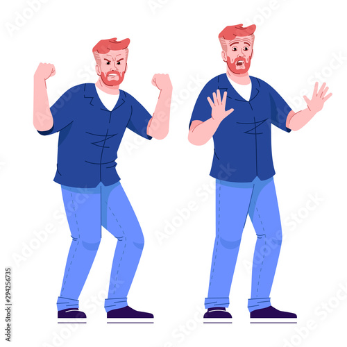 Angry and scared man flat vector illustration. Male aggression and fear. Human emotions. Fighting and defending guy isolated cartoon characters with outline elements on white background