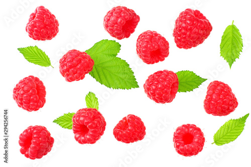 ripe raspberries with green leaves isolated on white background. top view