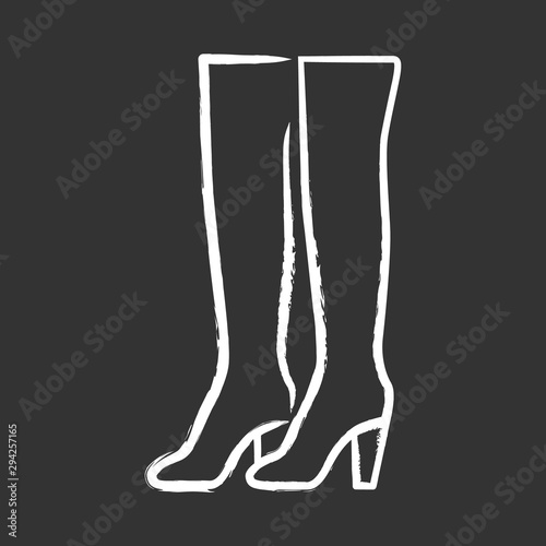 Thigh high boots chalk icon. Woman stylish formal footwear design. Female casual stacked heels, luxury modern shoes. Fashionable and chic clothing accessory. Isolated vector chalkboard illustration