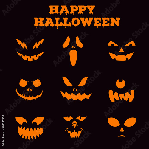 Collection of Halloween pumpkins carved faces silhouettes. Black and white images. Template for cut out jack o lantern.