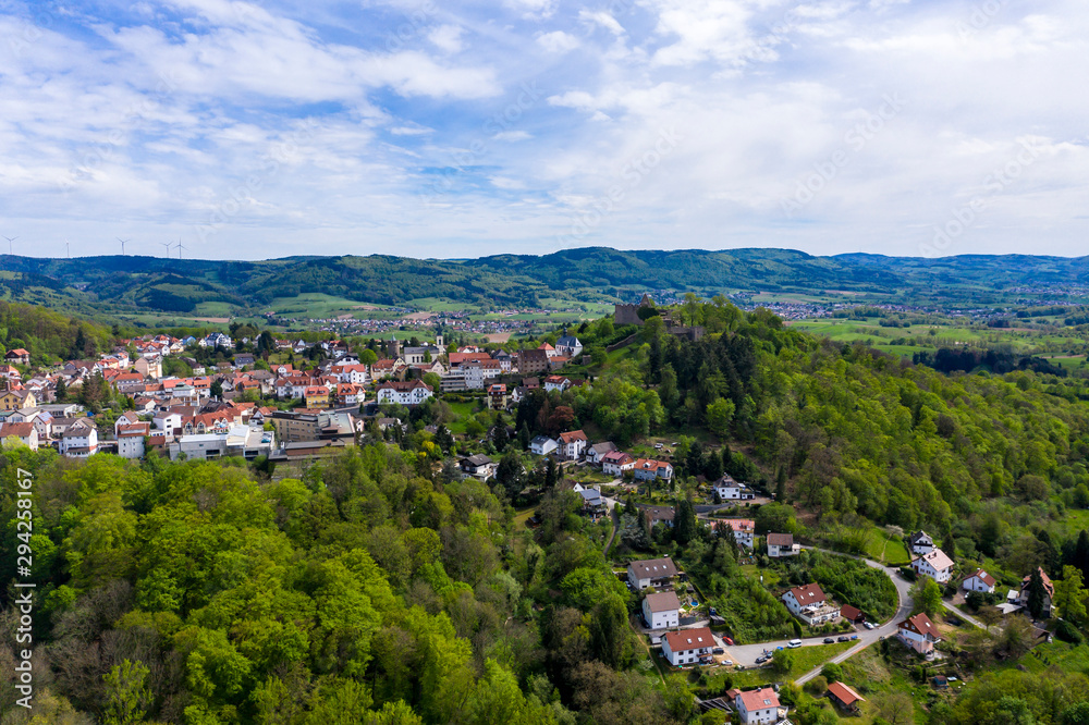 Aerial view of the castle Lindenfels, Medieval town Lindenfels, Bergstrasse, Hesse, Germany