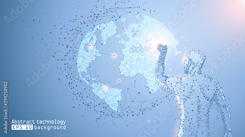 Blue abstract vector background. Low poly wireframe contour of a man. Man touches planet Earth. A grid of dots and lines. Future. The development of modern technology and artificial intelligence.