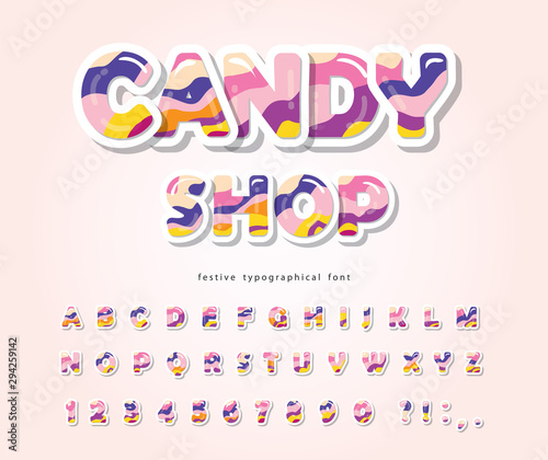 Paper cut out sweet font design. Candy ABC letters and numbers. Glossy 3d alphabet. vector © cutelittlethings
