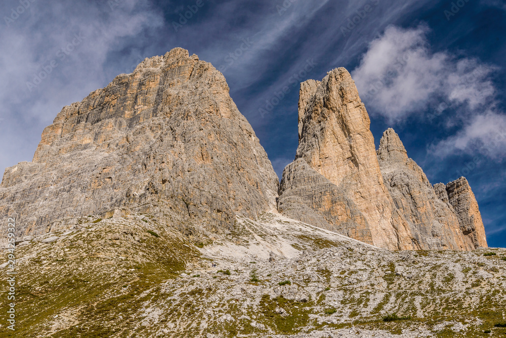Tre Cime (Three Peaks) di Lavaredo (Drei Zinnen) , are three of the most famous peaks of the Dolomites, in the Sesto Dolomites, Italy, Europe Tre Cime (Three Peaks) di Lavaredo (Drei Zinnen) , are three of the most famous peaks of the Dolomites, in the Sesto Dolomites, Italy, Europe
