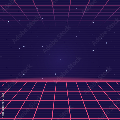 Synthwave, Vaporwave background with laser grid. Retro futuristic abstract landscape. Vector illustration 