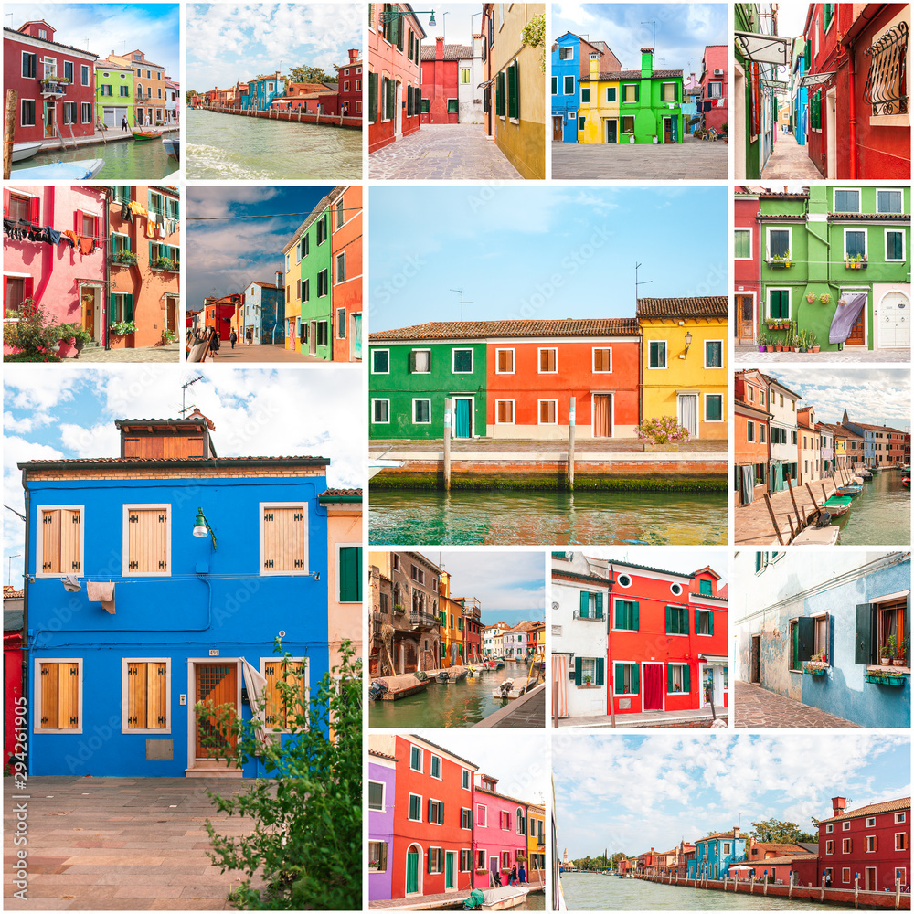 Colored houses of Burano island, Venice, collage