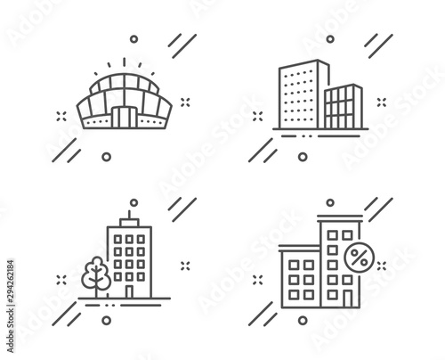 Skyscraper buildings, Arena stadium and Buildings line icons set. Loan house sign. Town architecture, Competition building, City architecture. Discount percent. Buildings set. Vector