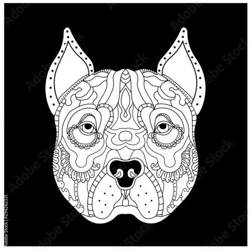 Vector illustration of a dog head for coloring book on black