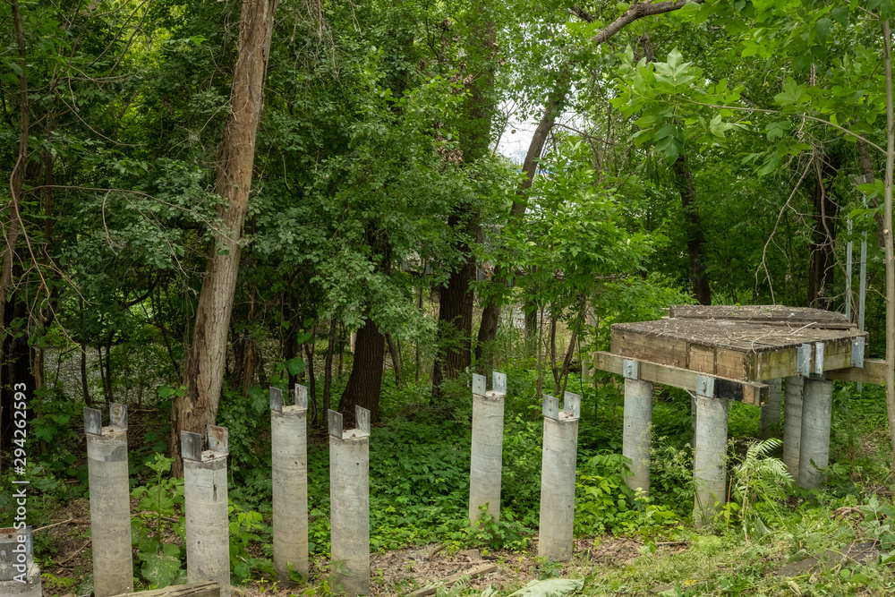 Abandoned old concrete bridge invaded by forest