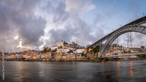 City of Porto at sunset  as seen from Cais de Gaia over Douro River