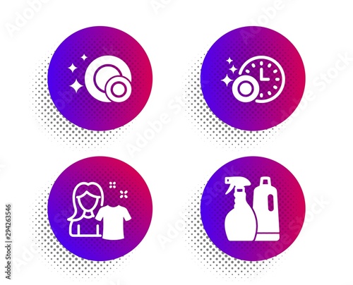 Clean dishes, Clean shirt and Dishwasher timer icons simple set. Halftone dots button. Shampoo and spray sign. Dishwasher concept, Laundry t-shirt, Cleaning dishes. Washing liquids. Vector