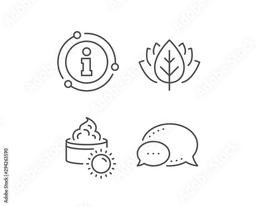 Sun face cream line icon. Chat bubble, info sign elements. Skin care sign. Cosmetic lotion symbol. Linear sun cream outline icon. Information bubble. Vector