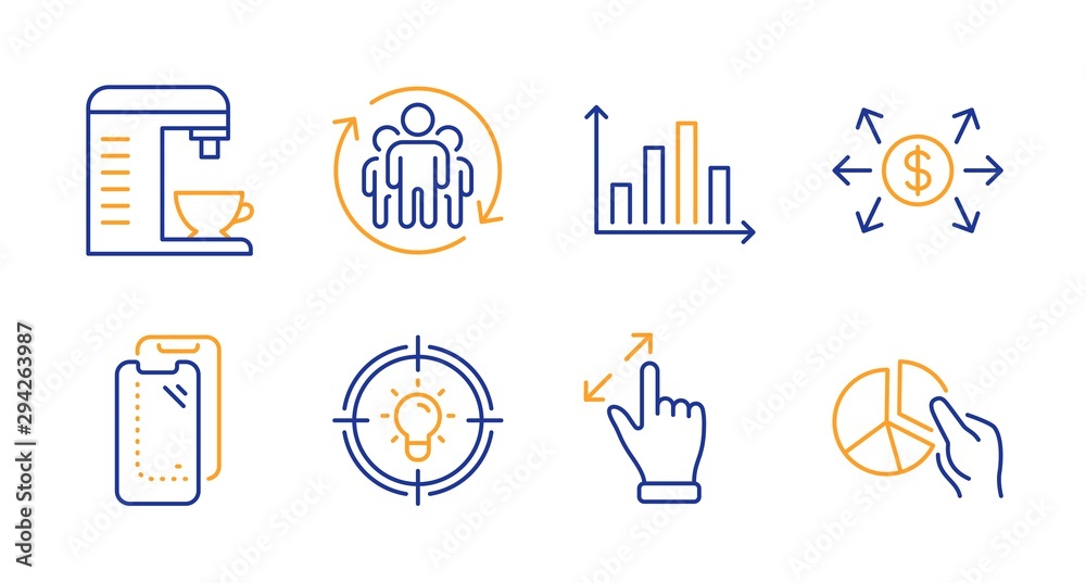 Coffee machine, Touchscreen gesture and Smartphone glass line icons set. Teamwork, Dollar exchange and Idea signs. Diagram graph, Pie chart symbols. Cappuccino machine, Zoom in. Vector Coffee machine, Touchscreen gesture and Smartphone glass line icons set. Teamwork, Dollar exchange and Idea signs. Diagram graph, Pie chart symbols. Cappuccino machine, Zoom in. Vector