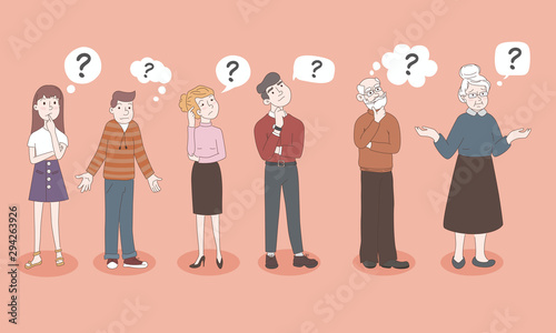People - Teen Girl, Boy, Woman, Man, Old Men, Old Woman - are Shrugging, Thinking Confused with a Curious Expression - I don t know. Emotion and Question mark. Hand Drawn, Flat Cartoon Characters