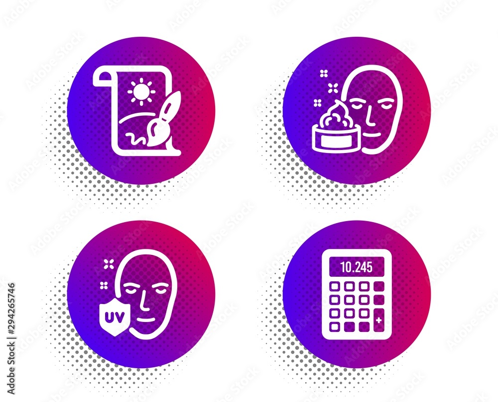 Creative painting, Face cream and Uv protection icons simple set. Halftone dots button. Calculator sign. Graphic art, Gel, Ultraviolet. Accounting device. Business set. Vector