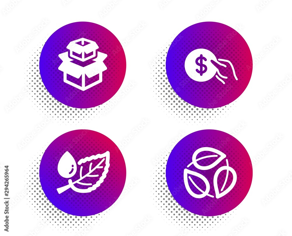 Packing boxes, Leaf dew and Payment icons simple set. Halftone dots button. Leaves sign. Delivery box, Water drop, Usd coin. Nature leaf. Business set. Classic flat packing boxes icon. Vector