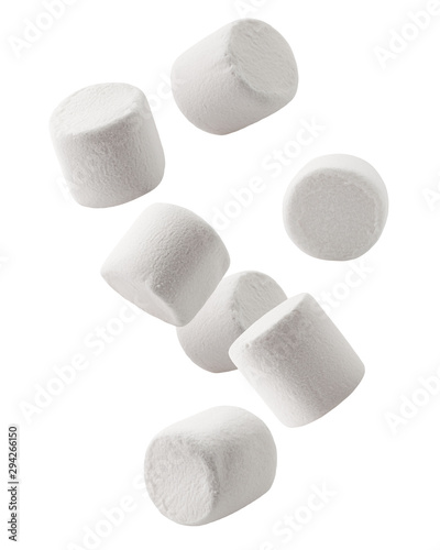 Falling marshmallow isolated on white background, clipping path, full depth of field