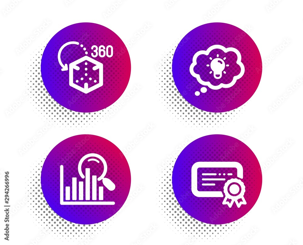Augmented reality, Search and Energy icons simple set. Halftone dots button. Certificate sign. Virtual reality, Analytics, Lightbulb. Verified document. Technology set. Vector