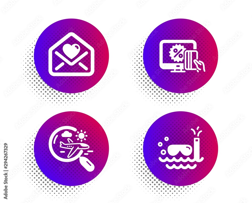 Love letter, Search flight and Online shopping icons simple set. Halftone dots button. Scuba diving sign. Heart, Airplane trip, Black friday. Trip swimming. Holidays set. Vector