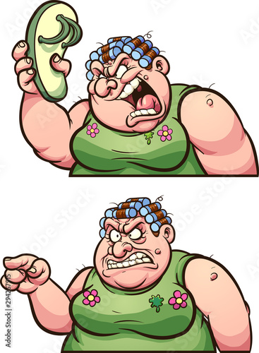 Ugly, fat, scolding woman in two different poses clip art. Vector illustration with simple gradients. Each on a separate layer.