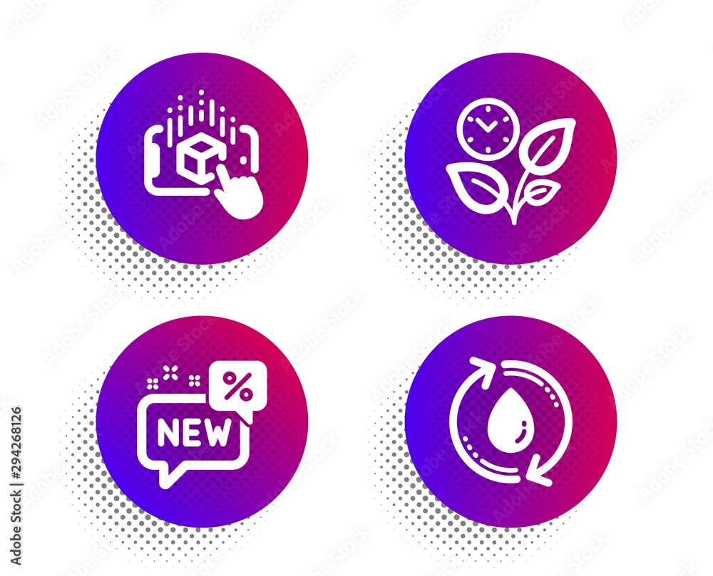 Augmented reality, New and Leaves icons simple set. Halftone dots button. Refill water sign. Phone simulation, Discount, Grow plant. Recycle aqua. Business set. Vector