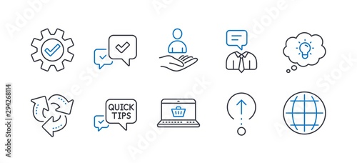 Fototapeta Naklejka Na Ścianę i Meble -  Set of Technology icons, such as Support service, Swipe up, Service, Recruitment, Approve, Quick tips, Recycle, Online shopping, Energy, Globe line icons. Human talking, Scrolling page. Vector
