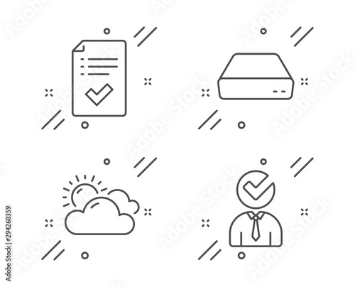 Sunny weather, Mini pc and Approved checklist line icons set. Vacancy sign. Summer, Computer, Accepted message. Businessman concept. Business set. Line sunny weather outline icon. Vector