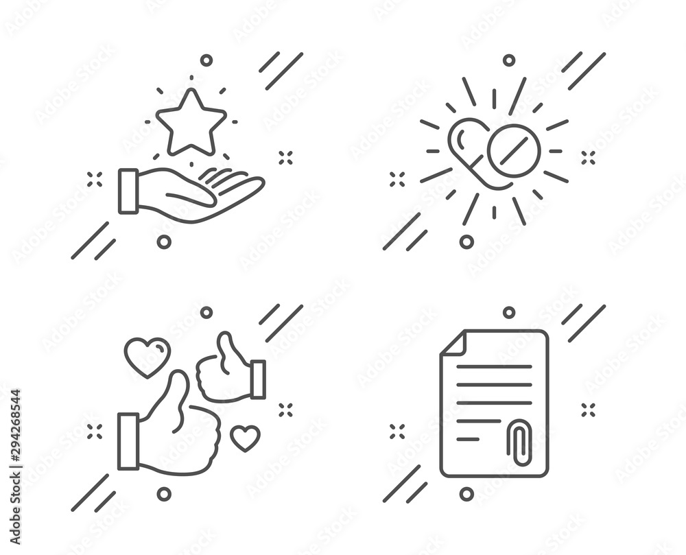 Fototapeta premium Medical drugs, Like and Loyalty program line icons set. Attachment sign. Medicine pills, Thumbs up, Bonus star. Attach file. Business set. Line medical drugs outline icon. Vector