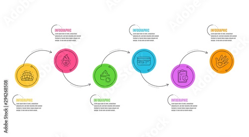 Checklist, Heart flame and Social responsibility signs. Infographics timeline. Credit card, Arena stadium and Sun cream line icons set. Card payment, Competition building, Face lotion. Survey. Vector