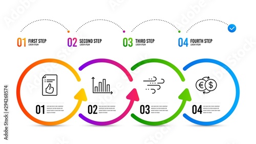 Money exchange sign. Infographics timeline. Diagram graph, Approved document and Windy weather line icons set. Presentation chart, Like symbol, Wind. Eur to usd. Business set. Vector